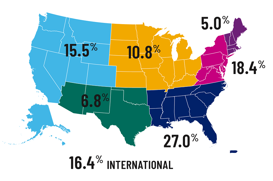 Map of the United States showing geographic distribution of the Emory College class of 2022